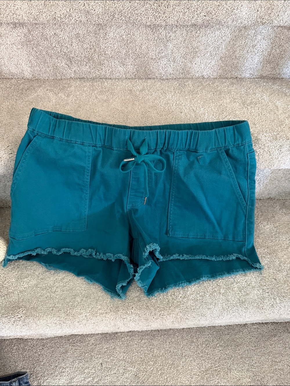 YMI Women's Teal Drawstring Frayed Hem Shorts